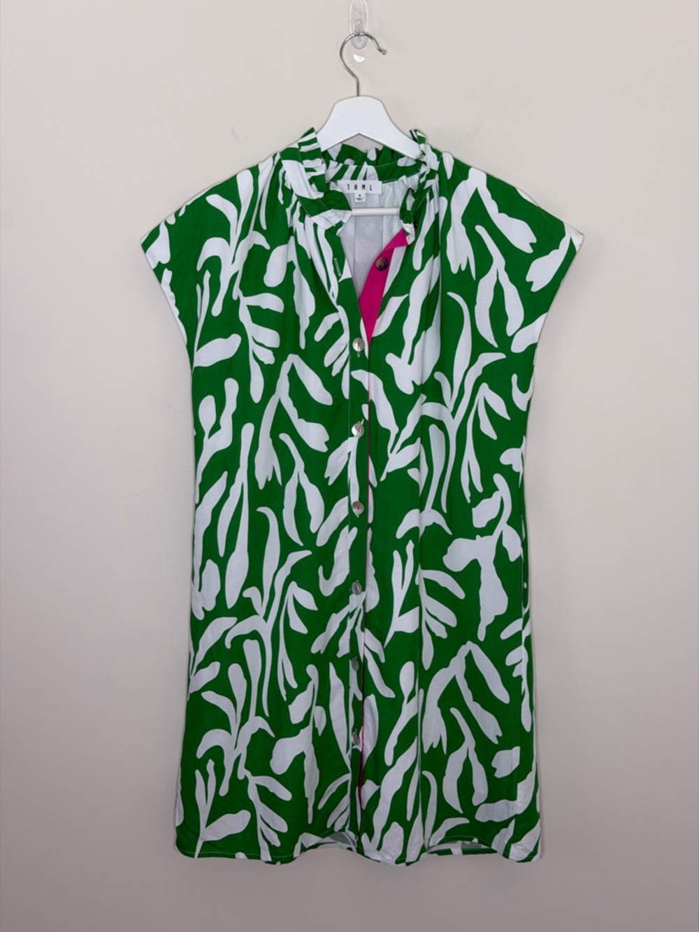 THML AUDREY SHORT SLEEVE BUTTON UP SHIRT DRESS POCKETS TROPICAL PRINT LINEN - Picture 2 of 11